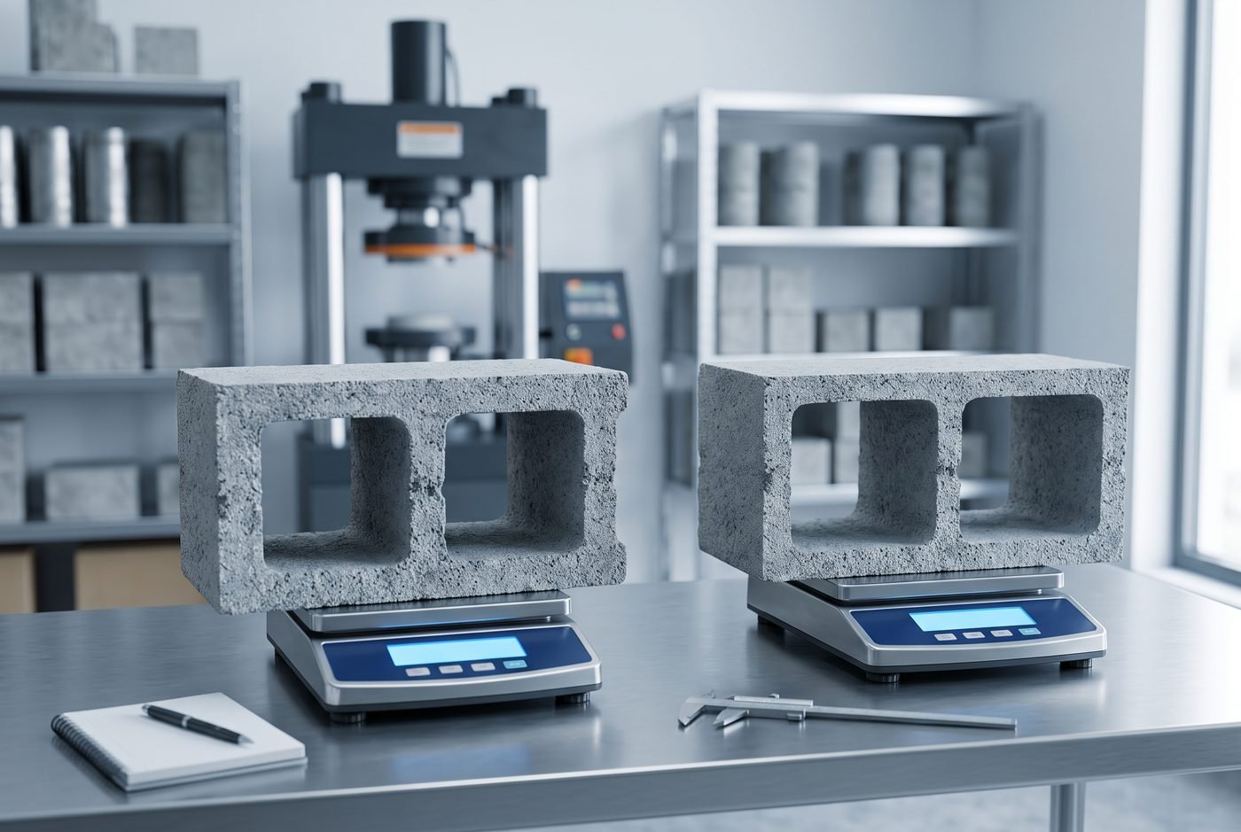 Dos bloques de concreto huecos de la misma medida exterior, cada uno sobre una balanza digital en una mesa de laboratorio: el peso de cada pieza, no su medida, dice cuánto cemento lleva