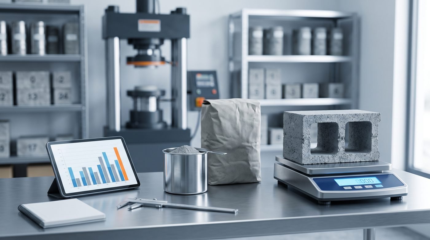 Laboratorio moderno de una planta de bloques: sobre una mesa de acero inoxidable, un bloque de concreto hueco de dos celdas en una balanza digital, un bulto de cemento sin marca, un recipiente con cemento y una tableta con una gráfica; al fondo, la prensa de ensayo
