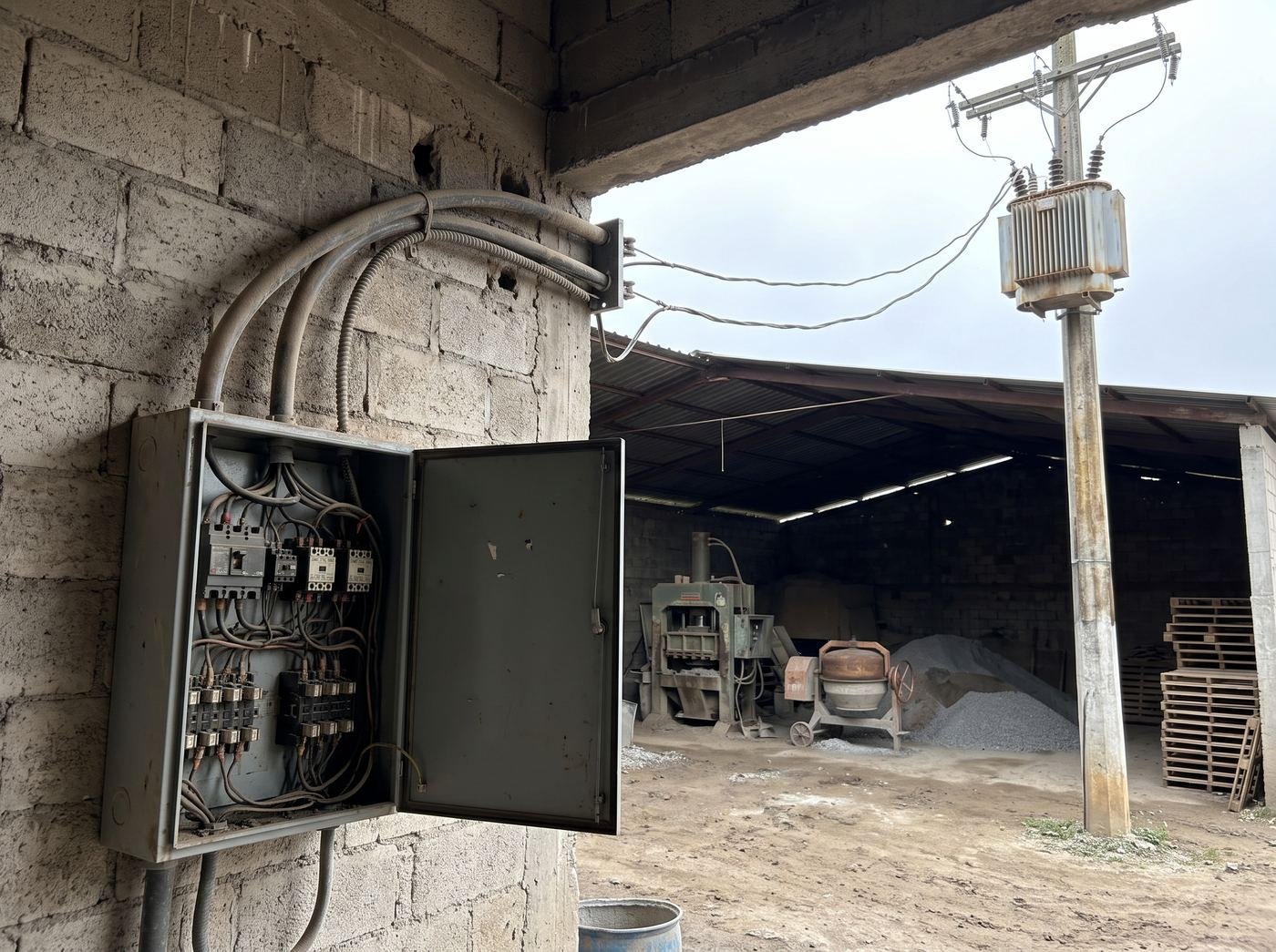 Tablero eléctrico abierto en la pared de bloque de una planta, con sus interruptores y contactores, alimentado desde un transformador trifásico montado en un poste; al fondo, bajo la nave, una prensa y una mezcladora de trompo