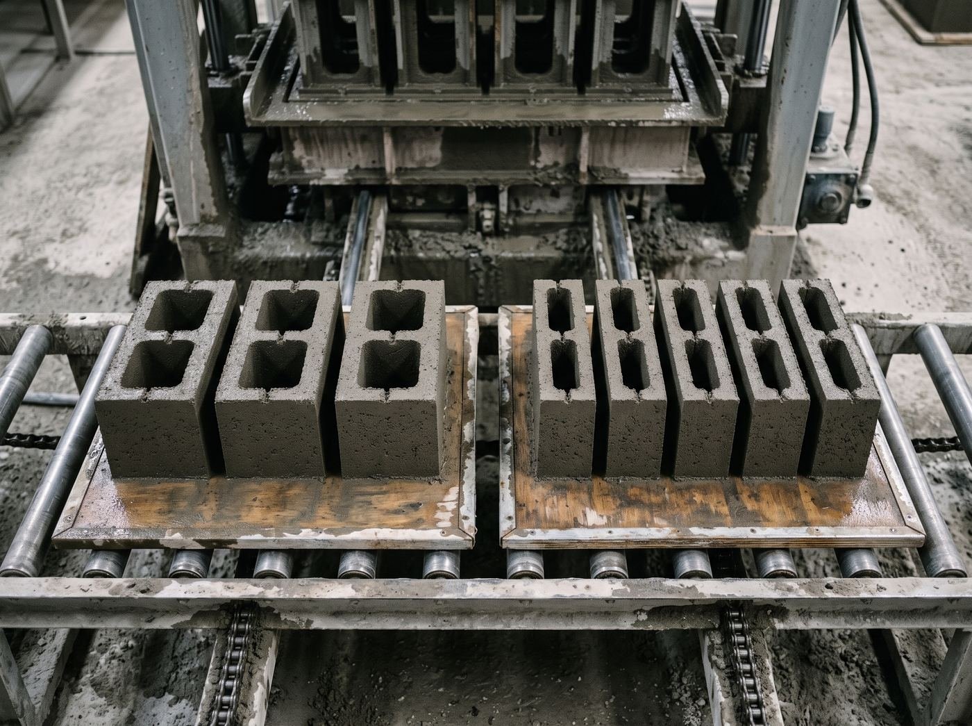 Dos bandejas del mismo tamaño sobre los rodillos, a la salida de una vibroprensa fija: la de la izquierda lleva tres bloques de 14 cm y la de la derecha cinco bloques de 9 cm, recién moldeados