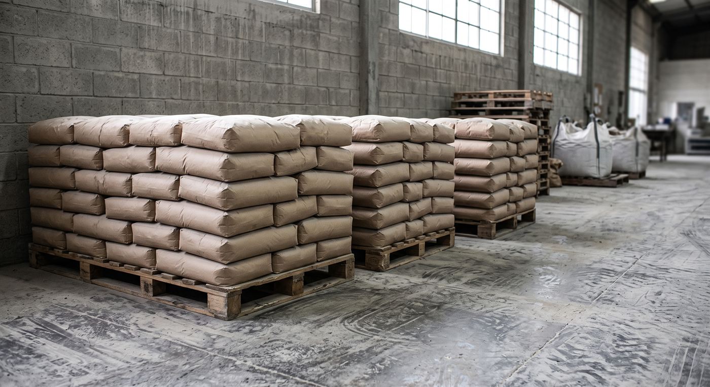Sacos de cemento apilados sobre estibas de madera en la bodega de una planta, con el piso de concreto y la pared de bloque a la vista