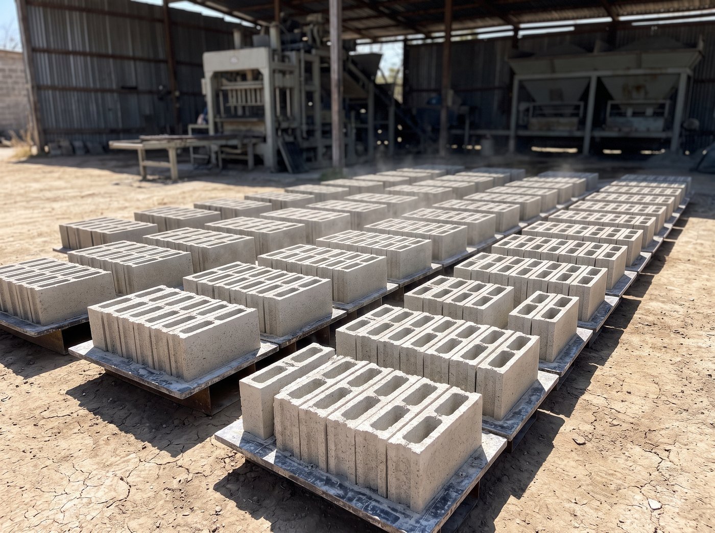 Filas de estibas de bloques recién desmoldados sobre sus bandejas, en el patio de tierra agrietada de una planta, a pleno sol de mediodía y con la vibroprensa bajo el cobertizo al fondo