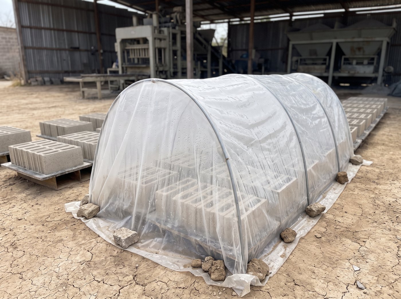 Una carpa de curado improvisada sobre dos estibas de bloques en el patio de una planta: arcos de tubo formando un túnel bajo, cubiertos con una lámina de plástico transparente que llega hasta el suelo por los cuatro costados y va lastrada en el borde con trozos de bloque, con la cara interior cubierta de condensación. Al fondo, otras estibas sin tapar al sol