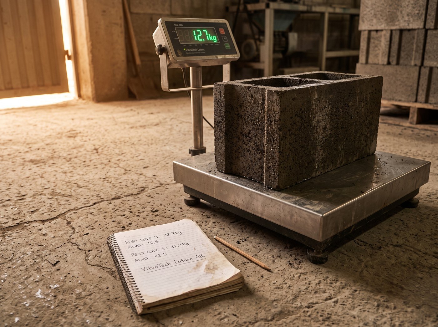 Un bloque de concreto recién desmoldado, todavía húmedo y de tono oscuro, sobre el plato de una balanza digital de piso en una planta. La pantalla marca 12,7 kg y en el suelo, al lado, hay una libreta abierta con los pesos del lote anotados a mano