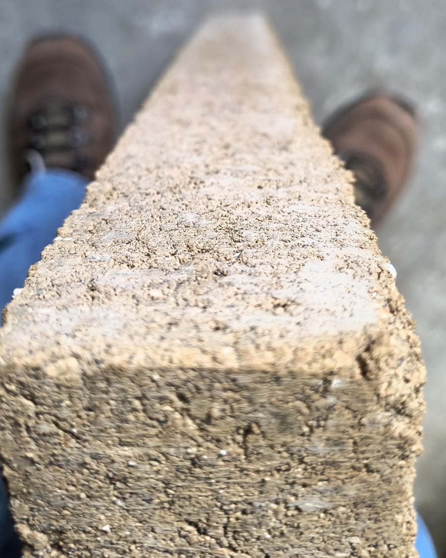 Cara de un bloque claro a la vista, fotografiada de cerca y a lo largo, con parches blanquecinos difusos sobre la textura abierta del concreto, más marcados cerca del borde