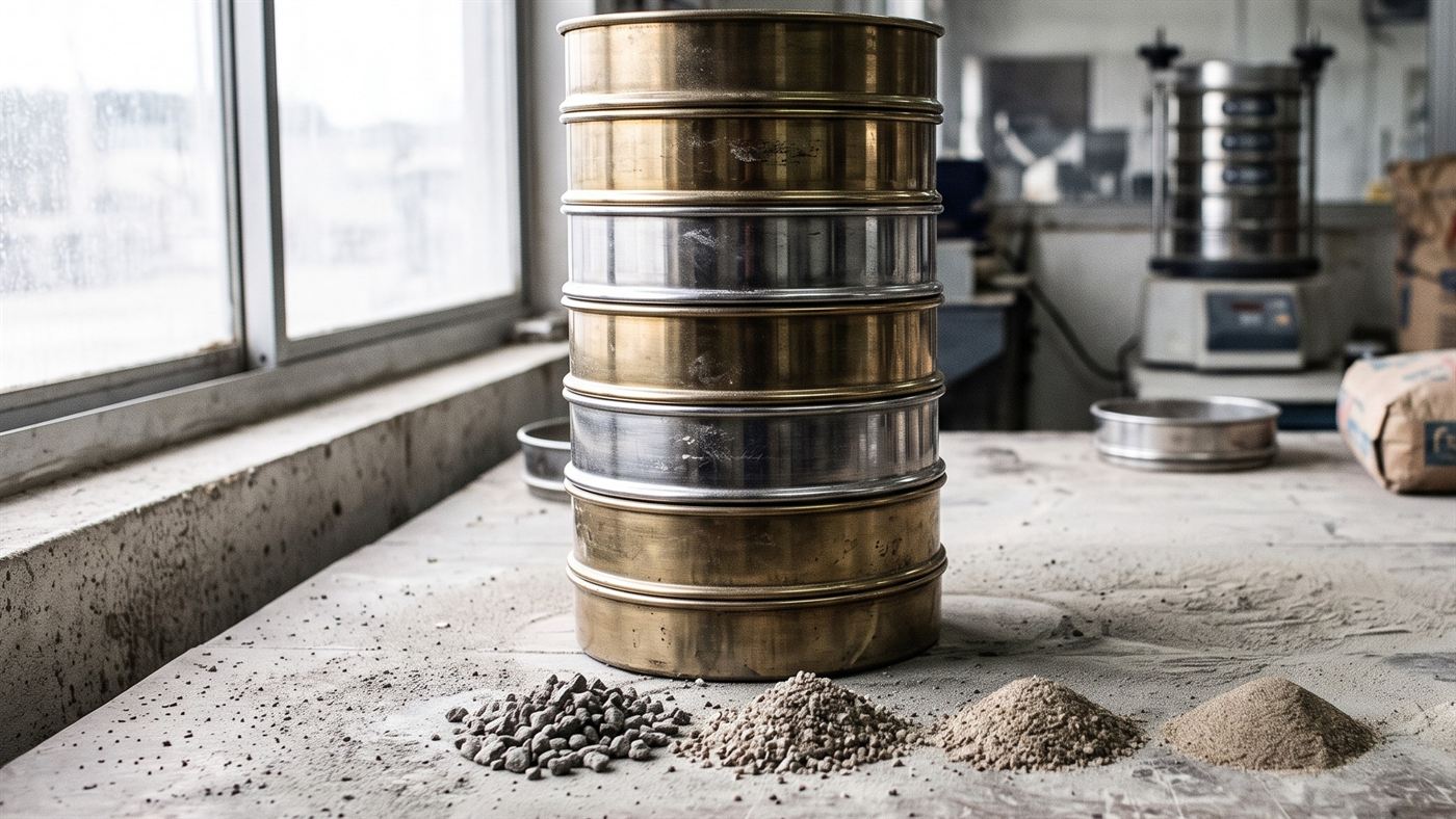Torre de tamices de laboratorio sobre una mesa de trabajo cubierta de polvo, con cuatro montones de agregado ordenados de la fracción más gruesa a la más fina, y una tamizadora mecánica al fondo