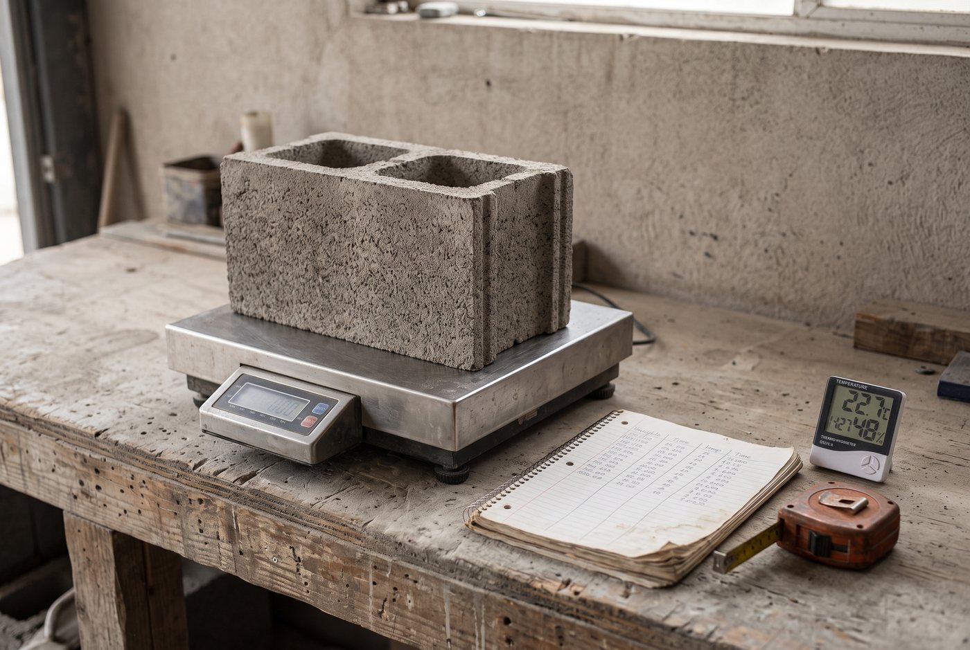Sobre una mesa de taller: un bloque de concreto apoyado en una balanza digital, un cuaderno de registro con columnas escritas a mano, un termohigrómetro y una cinta métrica. Todo el equipo que hacen falta para los cinco registros