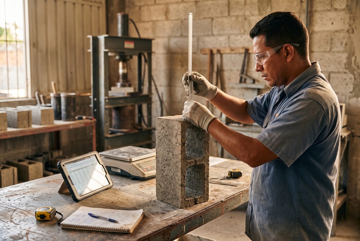 Técnico de laboratorio con gafas de seguridad y guantes midiendo la altura de un bloque de concreto hueco sobre una mesa de acero; a su lado, una balanza de plataforma, una tableta con la tabla de registro, un cuaderno y un flexómetro, y al fondo la prensa de ensayo
