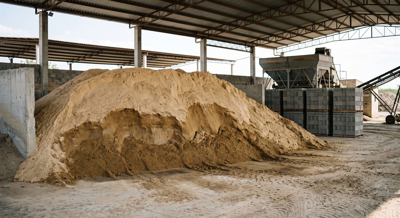 Acopio de arena bajo cubierta en una planta de bloques, contenido por un muro de concreto, con la arena de la parte alta más clara y seca que la del pie del montón, y la planta dosificadora al fondo