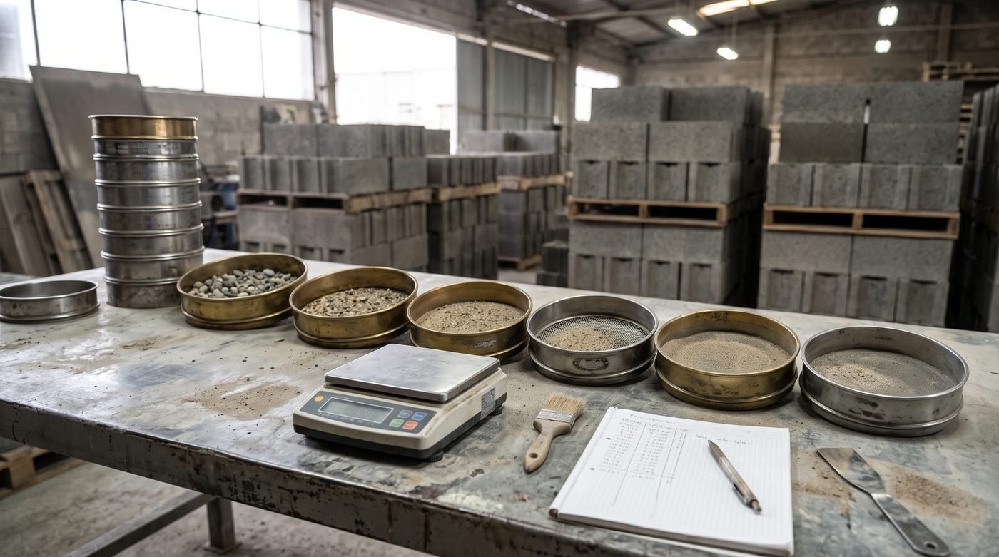 Mesa de laboratorio de una planta de bloques con una torre de tamices y siete tamices en fila, cada uno con su arena retenida de gruesa a fina, una balanza digital y un cuaderno con los pesos anotados; al fondo, bloques de concreto en estibas