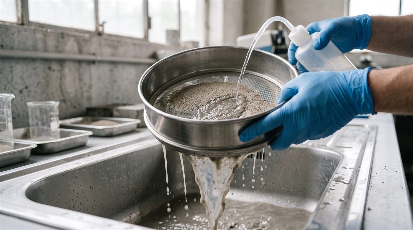 Ensayo de finos por lavado sobre el tamiz No. 200: el agua turbia arrastra el material que atraviesa la malla