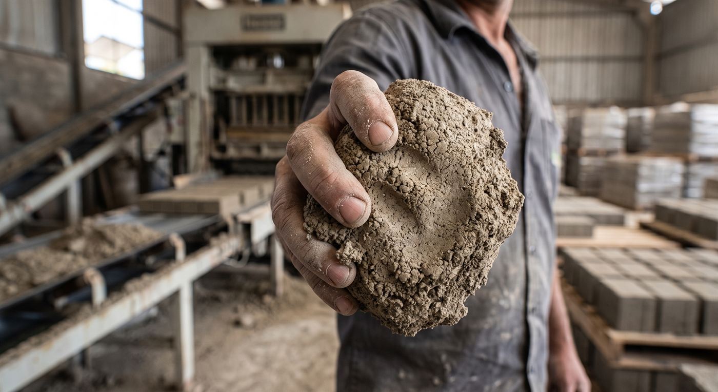 Un puñado de mezcla de concreto seco apretado en la mano de un operario, que conserva la forma de los dedos sin escurrir ni desmoronarse, con la planta de bloques desenfocada al fondo