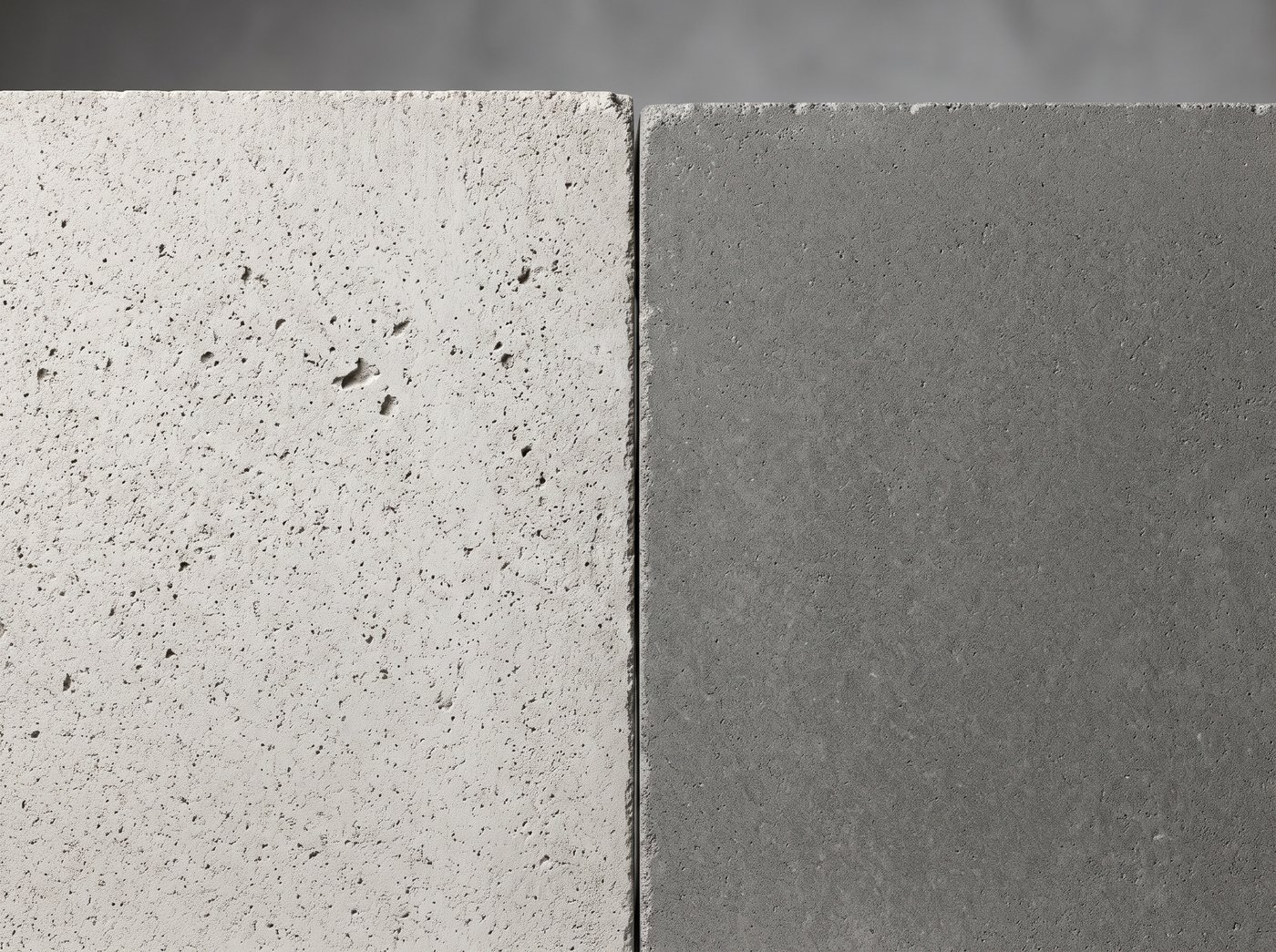 Dos caras de bloque de concreto, una junto a la otra: la de la izquierda, pálida y con los poros abiertos a la vista; la de la derecha, gris más oscuro y cerrada, como la de una pieza mejor compactada