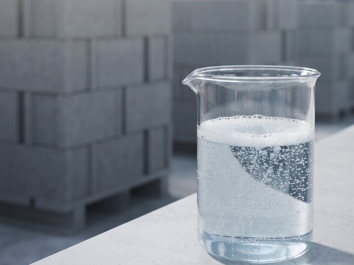 Un vaso de laboratorio con un líquido transparente, espuma en la superficie y muchas burbujas pequeñas, sobre una mesa, frente a estibas de bloques de concreto desenfocadas