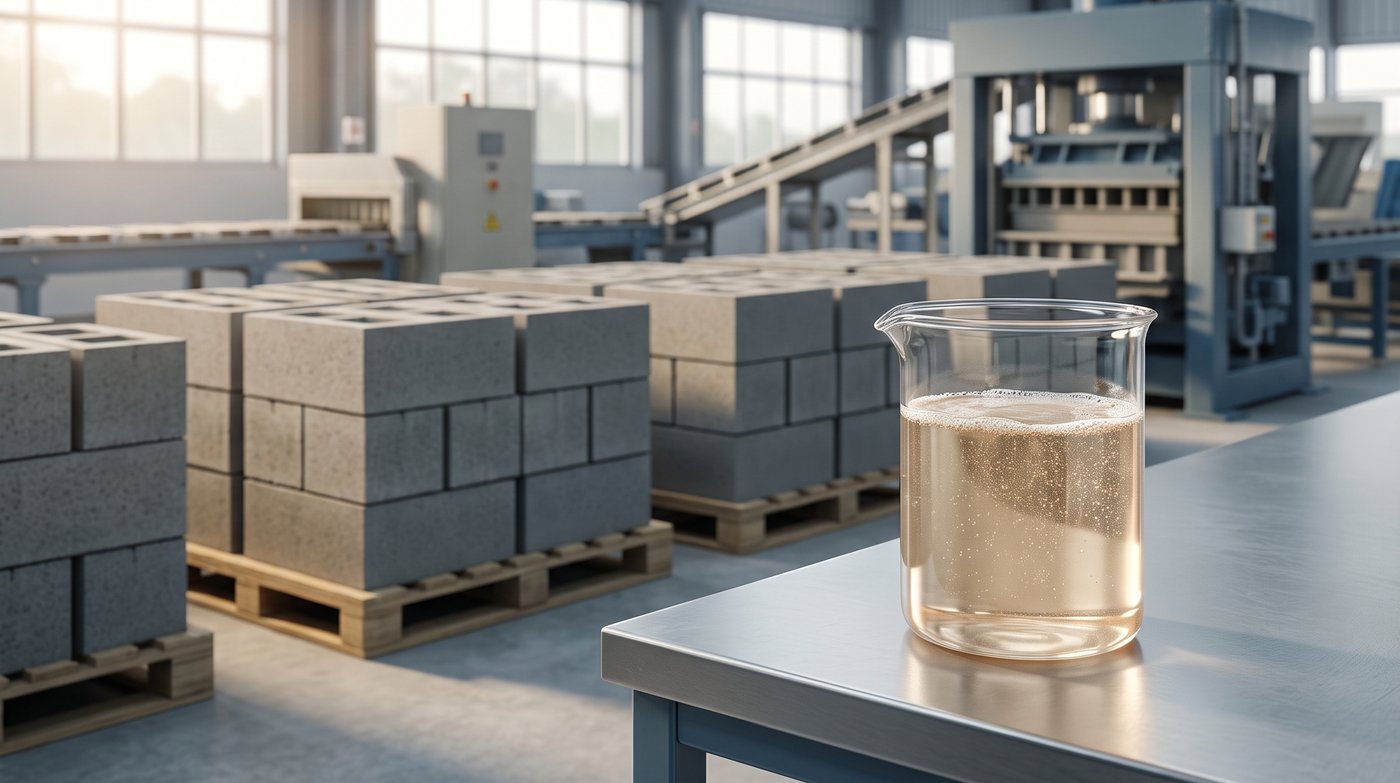 Un vaso de laboratorio con un líquido ámbar y burbujas finas sobre una mesa de acero, en una planta de bloques; al fondo, estibas de bloques sobre bandejas de madera y la vibroprensa