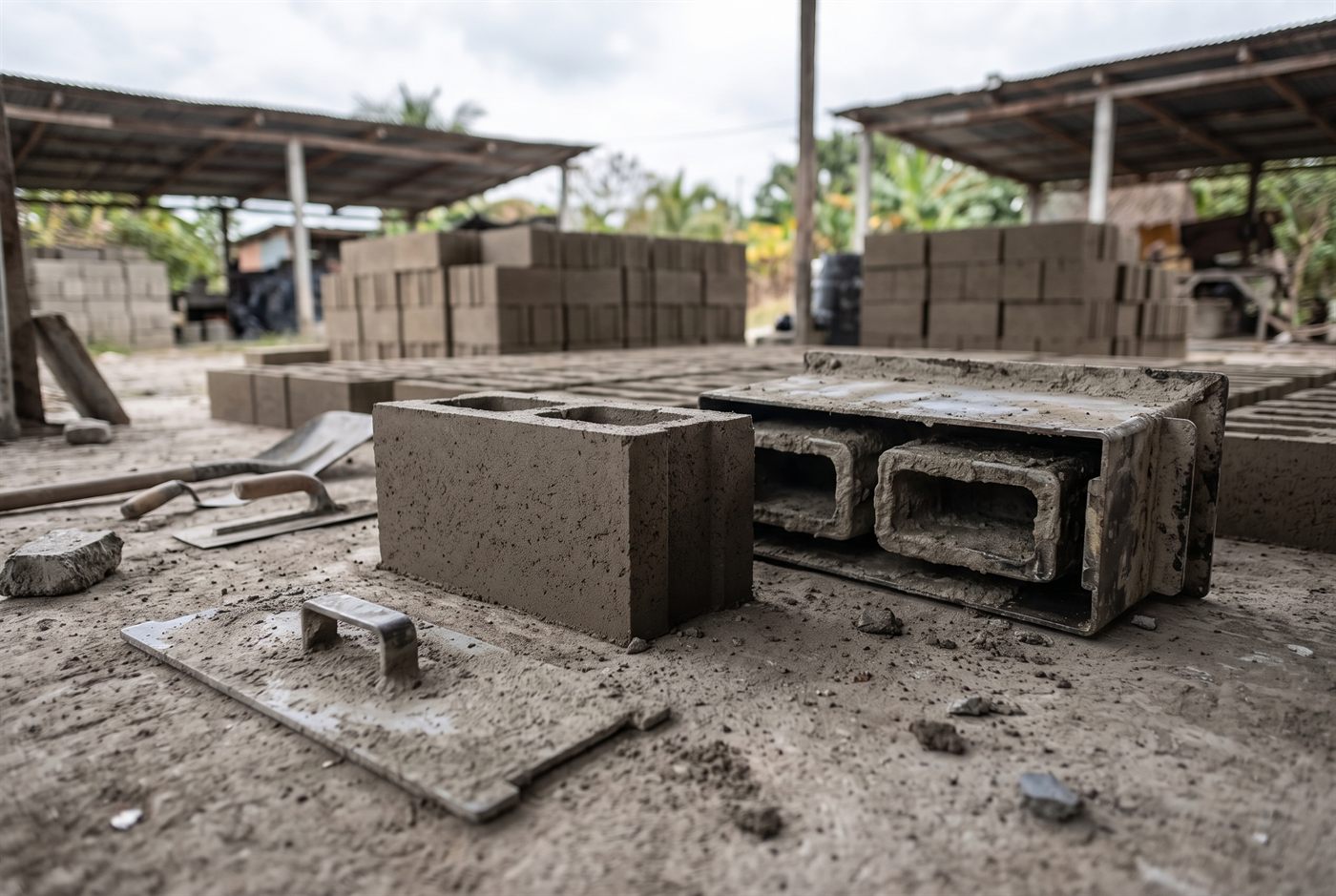 Un bloque de concreto recién desmoldado a mano junto al molde metálico del que salió, sobre el piso de un patio de producción artesanal con hileras de bloques curándose al aire